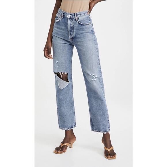 Agolde 90s Pinch Waist Jeans Button Fly Distressed Lineup Medium Wash Womens 24 - Picture 1 of 11